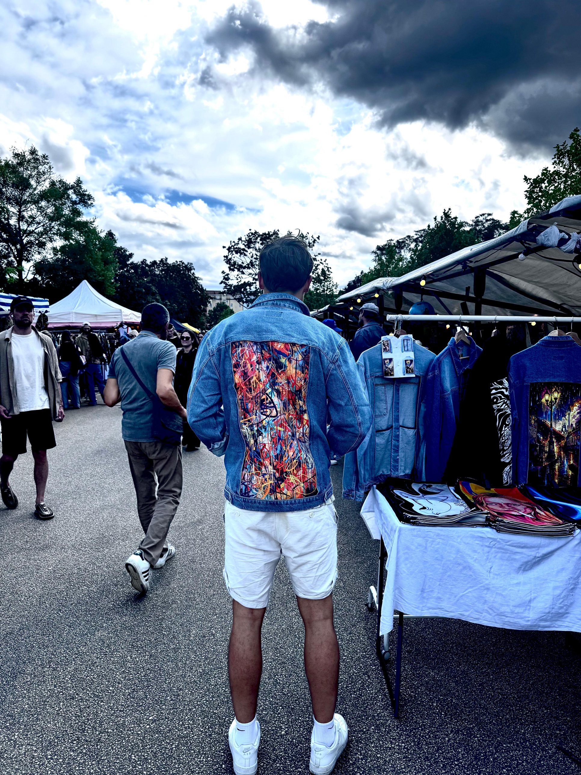 Customer wearing a YAGI jacket, back view with art panel