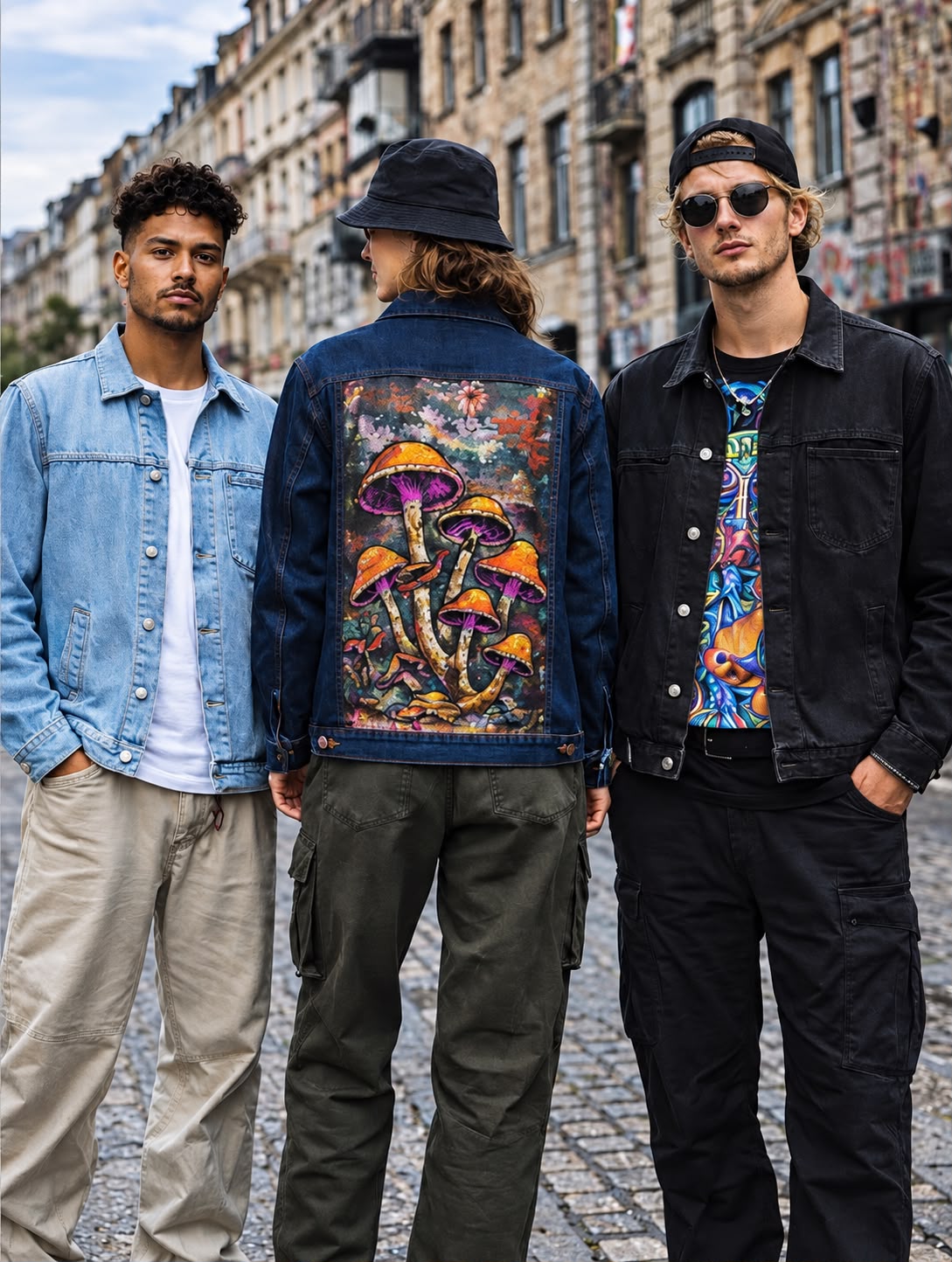 Three friends on a Berlin street in YAGI denim jackets, the middle one showing a mushroom art panel